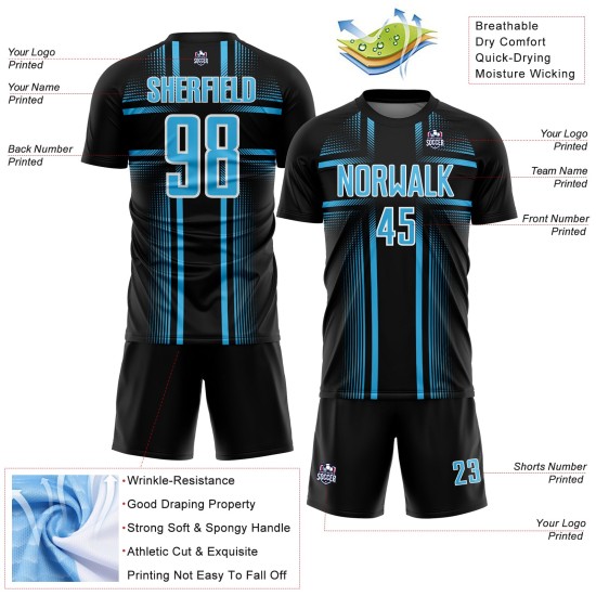 Black Uniform Sky Lines Custom Jersey Blue-White Soccer Sublimation Black Uniform Sky Lines Custom Jersey Blue-White Soccer Sublimation