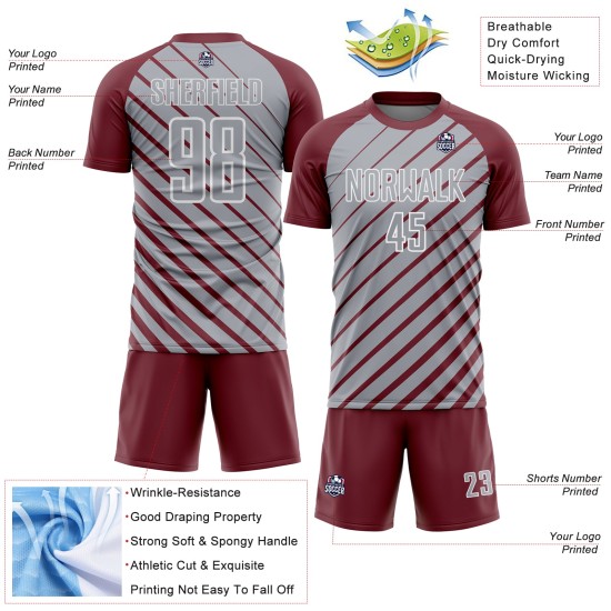 Gray-White Lines Uniform Soccer Sublimation Jersey Burgundy Custom Gray-White Lines Uniform Soccer Sublimation Jersey Burgundy Custom