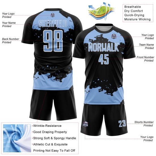 Light Fragment Sublimation Black Uniform Abstract Art Custom Soccer Jersey Blue-White Light Fragment Sublimation Black Uniform Abstract Art Custom Soccer Jersey Blue-White
