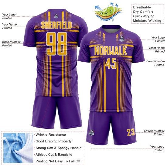 Sublimation Soccer Gold-White Uniform Jersey Purple Custom Lines Sublimation Soccer Gold-White Uniform Jersey Purple Custom Lines