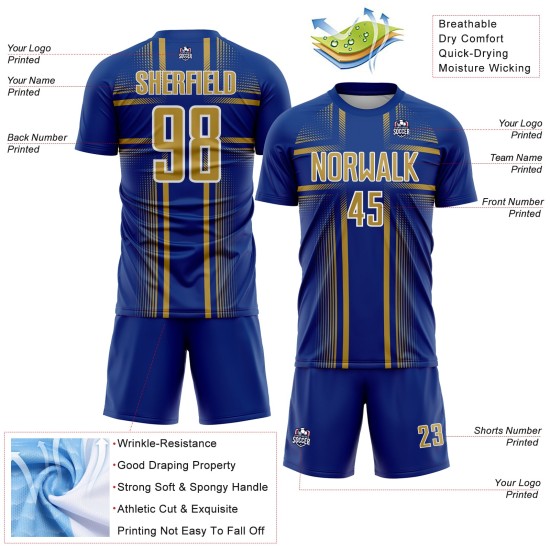 Gold-White Lines Sublimation Custom Old Uniform Jersey Soccer Royal Gold-White Lines Sublimation Custom Old Uniform Jersey Soccer Royal