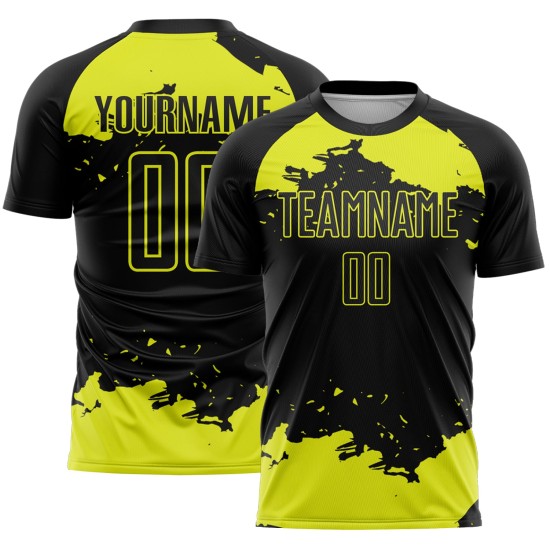 Black Sublimation Abstract Art Soccer Yellow Neon Fragment Jersey Uniform Custom Black Sublimation Abstract Art Soccer Yellow Neon Fragment Jersey Uniform Custom