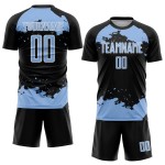 Light Fragment Sublimation Black Uniform Abstract Art Custom Soccer Jersey Blue-White Light Fragment Sublimation Black Uniform Abstract Art Custom Soccer Jersey Blue-White