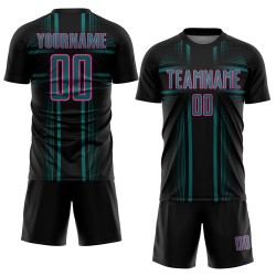 Soccer Teal-Pink Jersey Lines Custom Black Sublimation Uniform