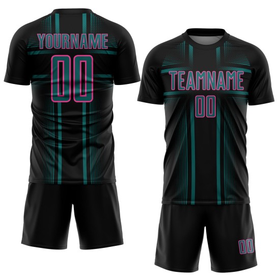 Soccer Teal-Pink Jersey Lines Custom Black Sublimation Uniform Soccer Teal-Pink Jersey Lines Custom Black Sublimation Uniform