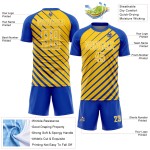 Sublimation Soccer Blue Custom Jersey Thunder Yellow-White Uniform Lines Sublimation Soccer Blue Custom Jersey Thunder Yellow-White Uniform Lines