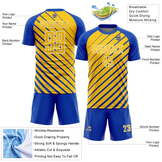 Sublimation Soccer Blue Custom Jersey Thunder Yellow-White Uniform Lines Sublimation Soccer Blue Custom Jersey Thunder Yellow-White Uniform Lines