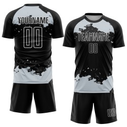 Black Fragment Custom Uniform Jersey Sublimation Soccer Silver-White Art Abstract