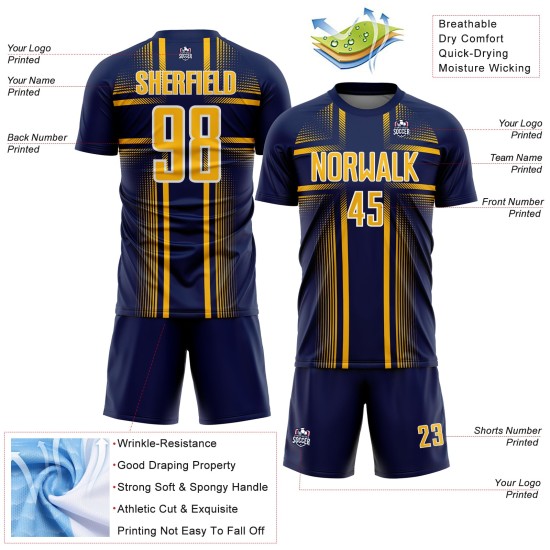 Gold-White Sublimation Navy Soccer Custom Lines Uniform Jersey Gold-White Sublimation Navy Soccer Custom Lines Uniform Jersey