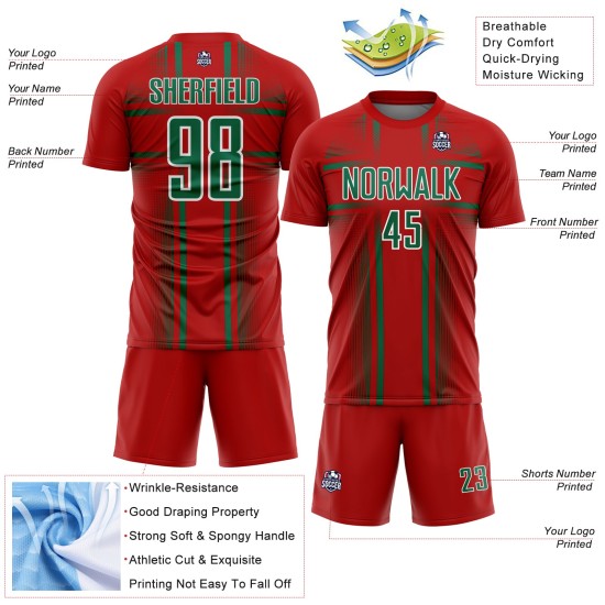 Kelly Custom Lines Green-White Red Soccer Uniform Jersey Sublimation Kelly Custom Lines Green-White Red Soccer Uniform Jersey Sublimation