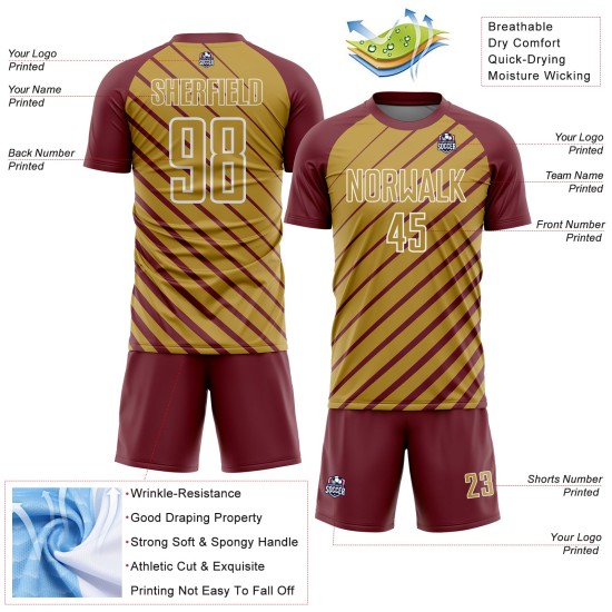 Soccer Uniform Burgundy Gold-White Old Lines Sublimation Jersey Custom Soccer Uniform Burgundy Gold-White Old Lines Sublimation Jersey Custom