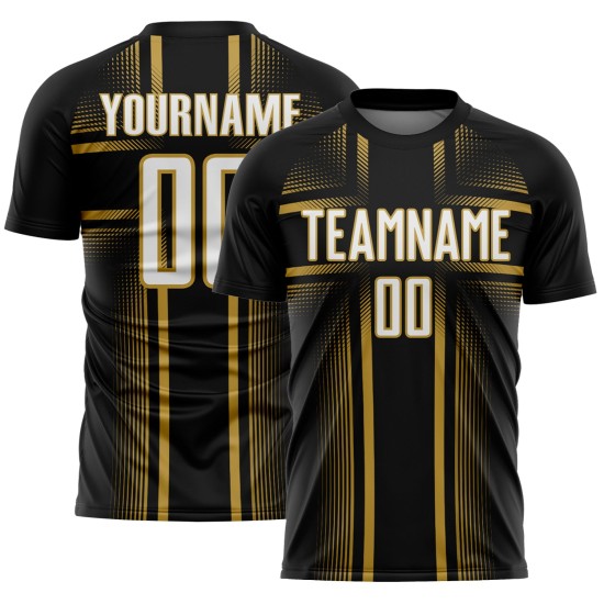 Sublimation Soccer Custom Gold Uniform White-Old Black Jersey Lines Sublimation Soccer Custom Gold Uniform White-Old Black Jersey Lines