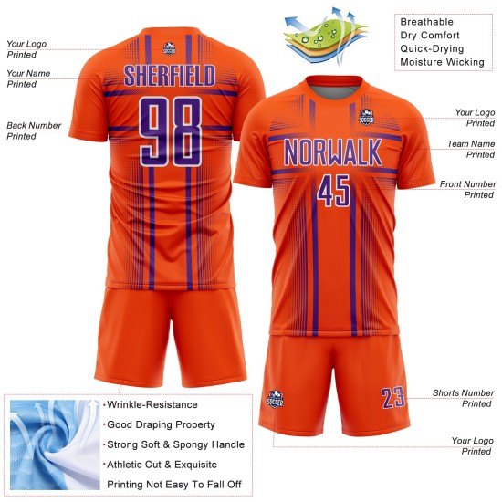 Custom Sublimation Uniform Lines Orange Soccer Purple-White Jersey Custom Sublimation Uniform Lines Orange Soccer Purple-White Jersey