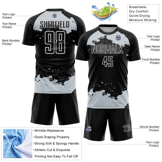 Black Fragment Custom Uniform Jersey Sublimation Soccer Silver-White Art Abstract Black Fragment Custom Uniform Jersey Sublimation Soccer Silver-White Art Abstract