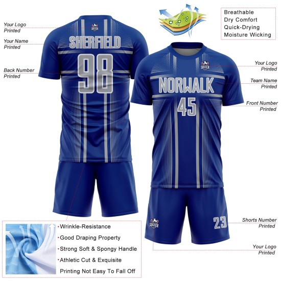 Royal Custom Jersey Lines Gray-White Soccer Sublimation Uniform Royal Custom Jersey Lines Gray-White Soccer Sublimation Uniform