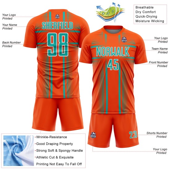 Lines Jersey Uniform Custom Orange Soccer Aqua-White Sublimation Lines Jersey Uniform Custom Orange Soccer Aqua-White Sublimation