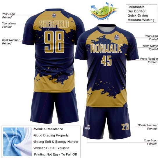 Navy Gold-White Abstract Jersey Old Uniform Art Fragment Sublimation Soccer Custom Navy Gold-White Abstract Jersey Old Uniform Art Fragment Sublimation Soccer Custom