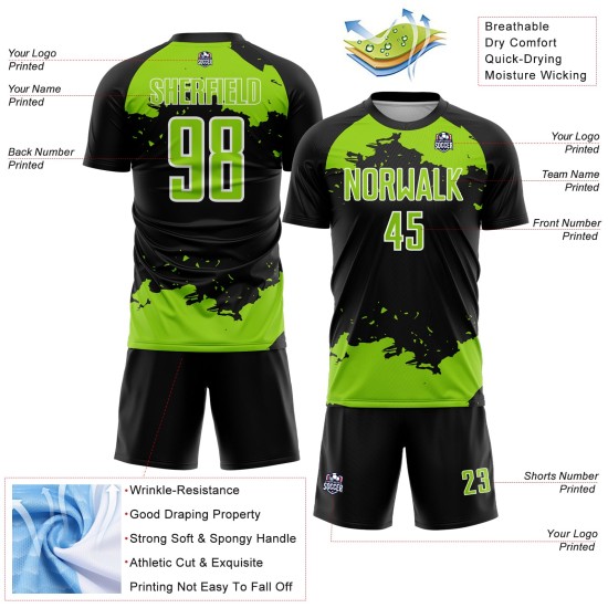 Art Abstract Neon Soccer Custom Jersey Black Green-White Fragment Sublimation Uniform Art Abstract Neon Soccer Custom Jersey Black Green-White Fragment Sublimation Uniform