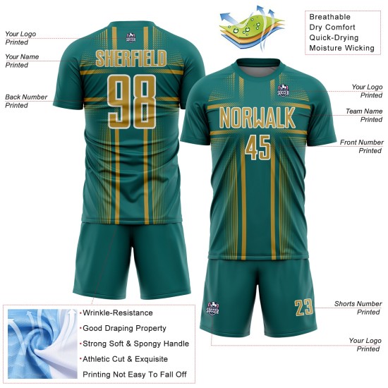 Uniform Sublimation Teal Jersey Soccer Gold-White Custom Old Lines Uniform Sublimation Teal Jersey Soccer Gold-White Custom Old Lines