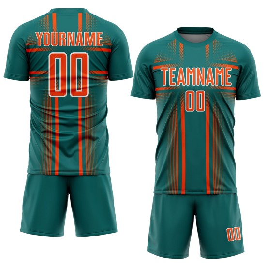 Lines Custom Sublimation Orange-White Jersey Soccer Teal Uniform