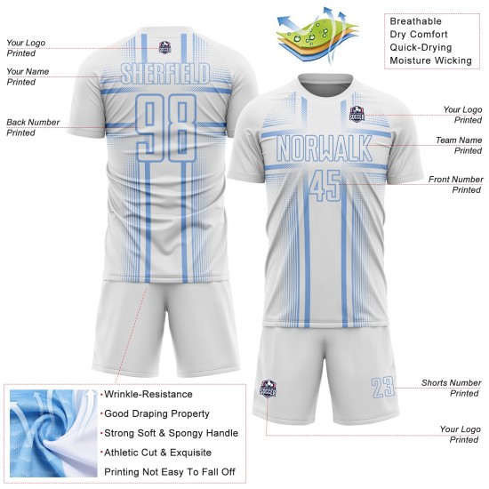 Uniform Custom Jersey Light Blue Soccer Sublimation Lines White Uniform Custom Jersey Light Blue Soccer Sublimation Lines White