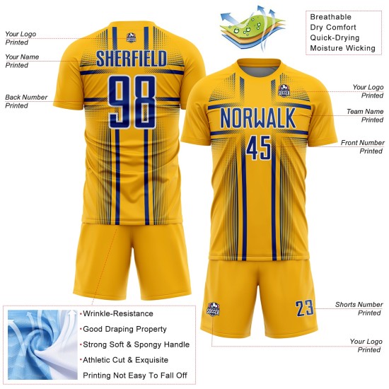 Royal-White Gold Soccer Lines Sublimation Jersey Custom Uniform Royal-White Gold Soccer Lines Sublimation Jersey Custom Uniform