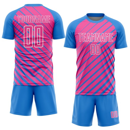 Blue Sublimation Jersey Lines Uniform Custom Pink-White Soccer Powder Blue Sublimation Jersey Lines Uniform Custom Pink-White Soccer Powder