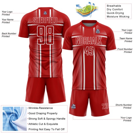 Lines White Custom Uniform Red Jersey Soccer Sublimation