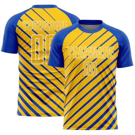 Sublimation Soccer Blue Custom Jersey Thunder Yellow-White Uniform Lines Sublimation Soccer Blue Custom Jersey Thunder Yellow-White Uniform Lines