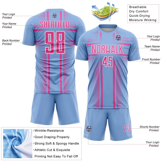 Uniform Blue Sublimation Soccer Custom Lines Pink-White Jersey Light Uniform Blue Sublimation Soccer Custom Lines Pink-White Jersey Light