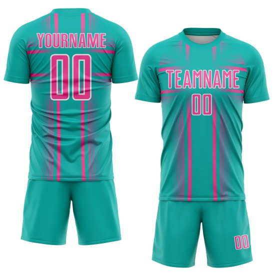 Sublimation Aqua Custom Soccer Lines Uniform Jersey Pink-White Sublimation Aqua Custom Soccer Lines Uniform Jersey Pink-White