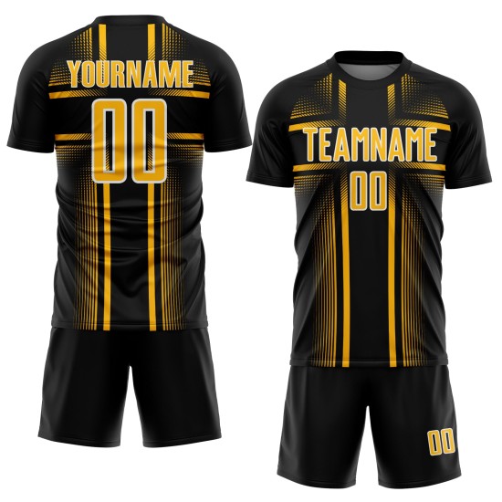 Black Soccer Lines Uniform Sublimation Jersey Gold-White Custom Black Soccer Lines Uniform Sublimation Jersey Gold-White Custom