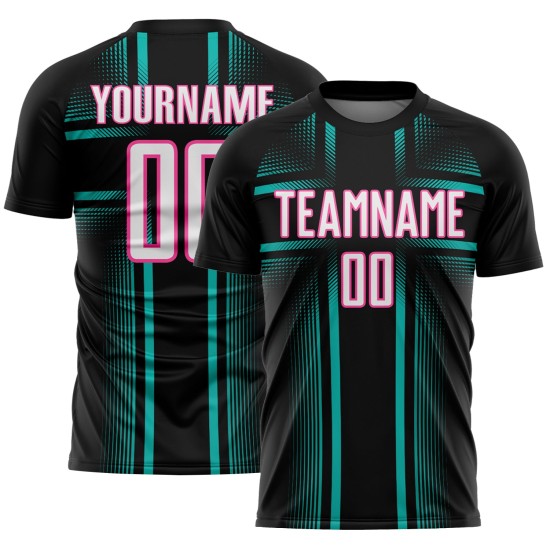 Custom Jersey Black Lines Uniform Sublimation Aqua-Pink White Soccer Custom Jersey Black Lines Uniform Sublimation Aqua-Pink White Soccer