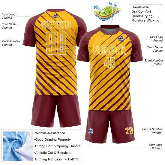 Gold-White Jersey Custom Sublimation Burgundy Lines Uniform Soccer Gold-White Jersey Custom Sublimation Burgundy Lines Uniform Soccer