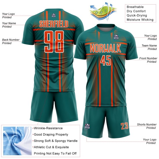 Lines Custom Sublimation Orange-White Jersey Soccer Teal Uniform