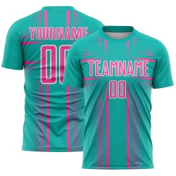 Sublimation Aqua Custom Soccer Lines Uniform Jersey Pink-White