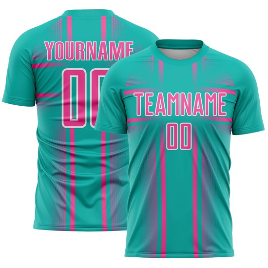 Sublimation Aqua Custom Soccer Lines Uniform Jersey Pink-White Sublimation Aqua Custom Soccer Lines Uniform Jersey Pink-White