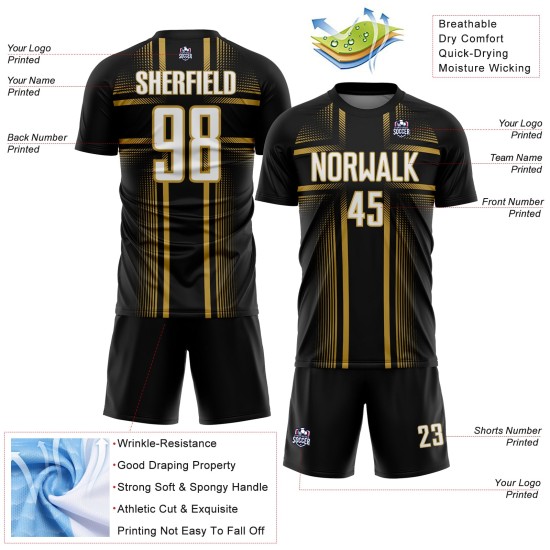 Sublimation Soccer Custom Gold Uniform White-Old Black Jersey Lines Sublimation Soccer Custom Gold Uniform White-Old Black Jersey Lines