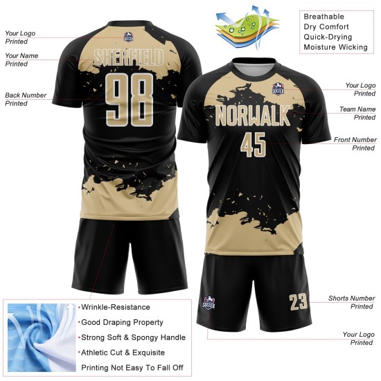 Gold-White Soccer Fragment Abstract Art Custom Black Vegas Jersey Uniform Sublimation Gold-White Soccer Fragment Abstract Art Custom Black Vegas Jersey Uniform Sublimation