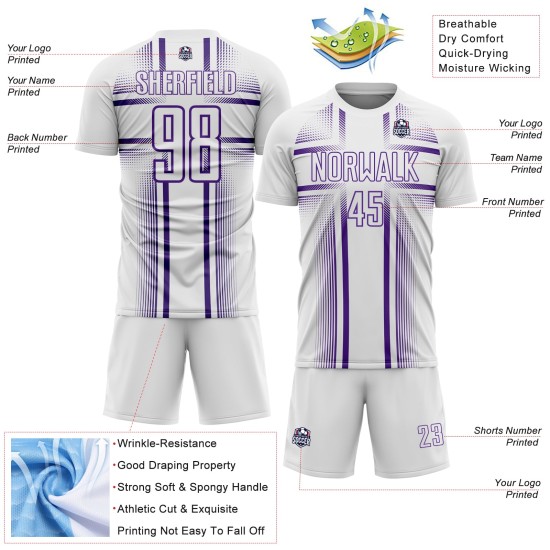 Soccer Sublimation White Uniform Purple Jersey Lines Custom Soccer Sublimation White Uniform Purple Jersey Lines Custom