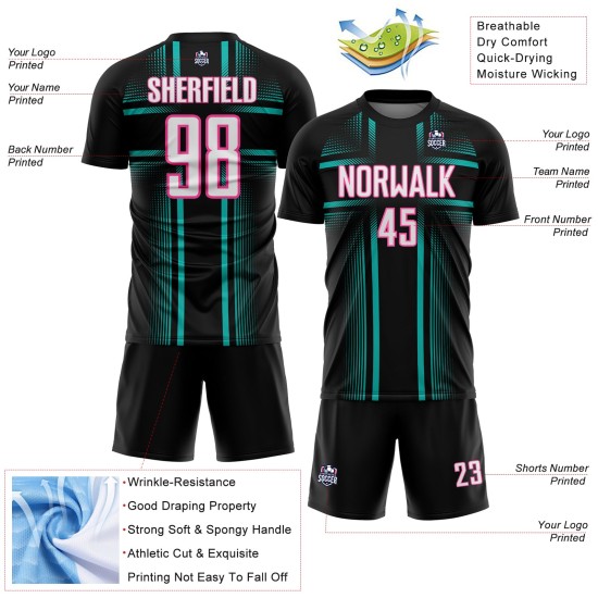 Custom Jersey Black Lines Uniform Sublimation Aqua-Pink White Soccer Custom Jersey Black Lines Uniform Sublimation Aqua-Pink White Soccer
