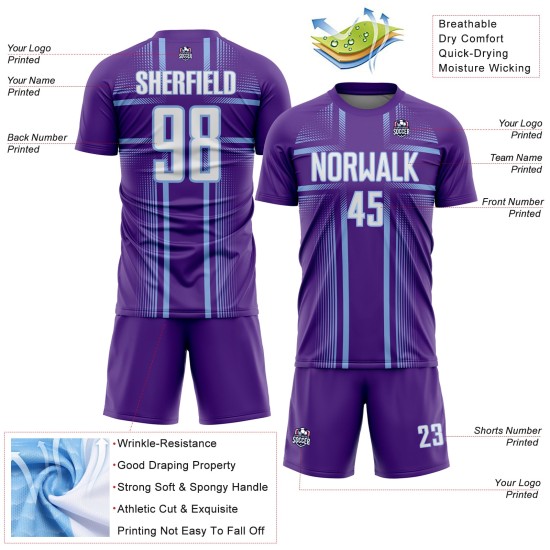 Soccer Sublimation Blue Jersey Lines Uniform White-Light Custom Purple Soccer Sublimation Blue Jersey Lines Uniform White-Light Custom Purple