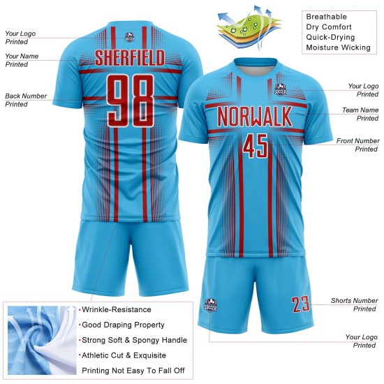 Jersey Uniform Sublimation Soccer Blue Lines Custom Red-White Sky Jersey Uniform Sublimation Soccer Blue Lines Custom Red-White Sky