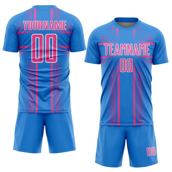 Pink-White Soccer Uniform Custom Jersey Sublimation Blue Powder Lines Pink-White Soccer Uniform Custom Jersey Sublimation Blue Powder Lines