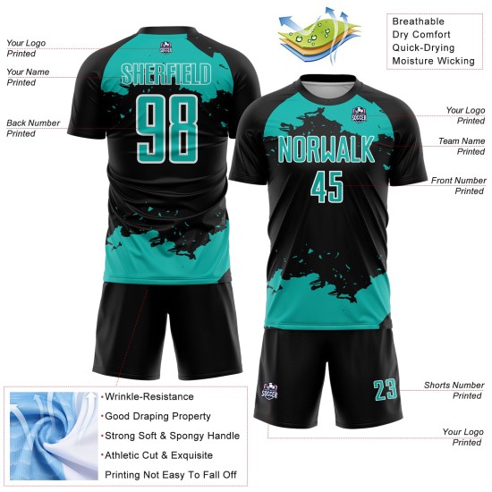 Fragment Black Jersey Uniform Aqua-White Soccer Abstract Custom Art Sublimation Fragment Black Jersey Uniform Aqua-White Soccer Abstract Custom Art Sublimation