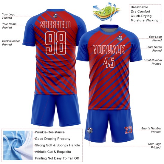 Custom Thunder Sublimation Jersey Uniform Red-White Soccer Lines Blue