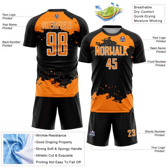 Fragment Sublimation Black Jersey Abstract Bay Uniform Custom Soccer Orange-White Art Fragment Sublimation Black Jersey Abstract Bay Uniform Custom Soccer Orange-White Art