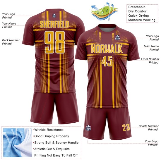 Sublimation Lines Jersey Gold-White Burgundy Soccer Custom Uniform Sublimation Lines Jersey Gold-White Burgundy Soccer Custom Uniform