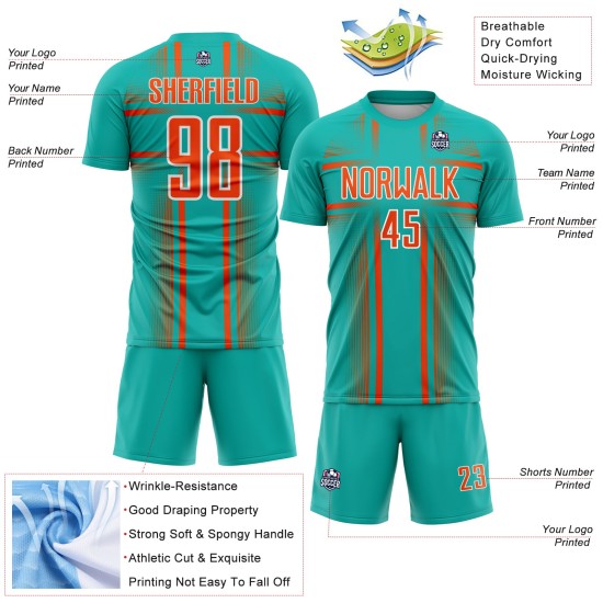 Sublimation Uniform Jersey Custom Aqua Soccer Orange-White Lines