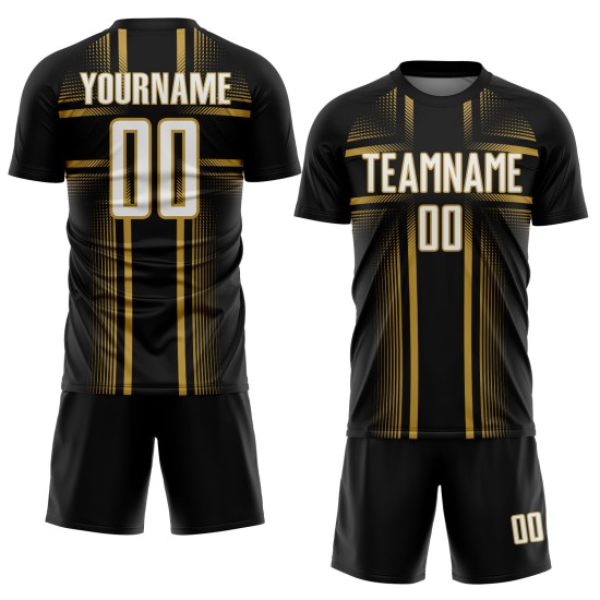 Sublimation Soccer Custom Gold Uniform White-Old Black Jersey Lines Sublimation Soccer Custom Gold Uniform White-Old Black Jersey Lines